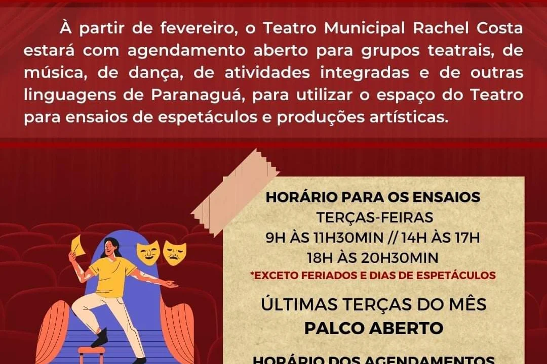 Grupos de Paranaguá podem utilizar o palco do Teatro Rachel Costa para ensaios