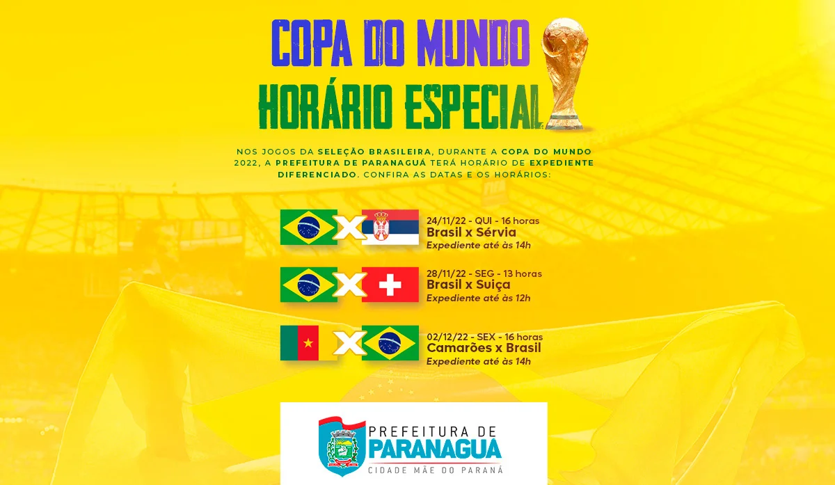 Prefeitura de Paranaguá terá horário de atendimento especial durante os jogos do Brasil na Copa do Mundo