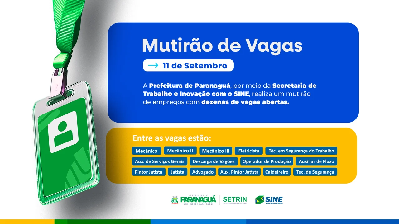Feirão de Empregos com mais de 100 vagas acontece nesta quinta-feira, em Paranaguá