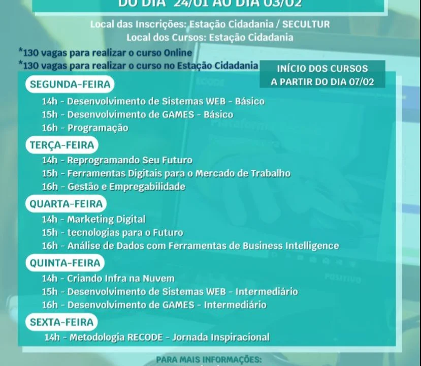 Secultur disponibiliza 130 vagas para cursos na Estação Cidadania