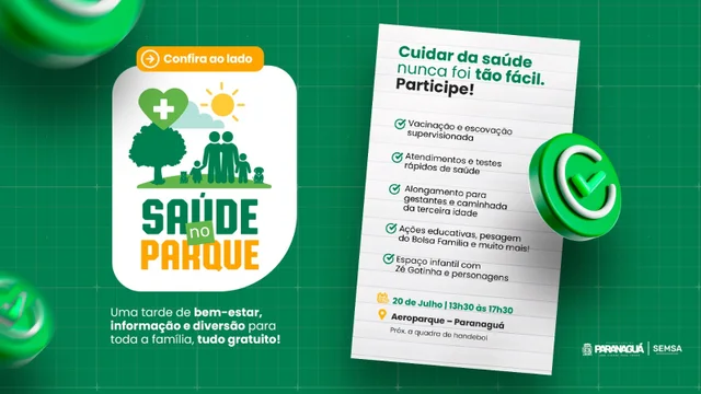 Saúde no Parque leva serviços gratuitos à comunidade no próximo domingo (20) e reforça prevenção em Paranaguá