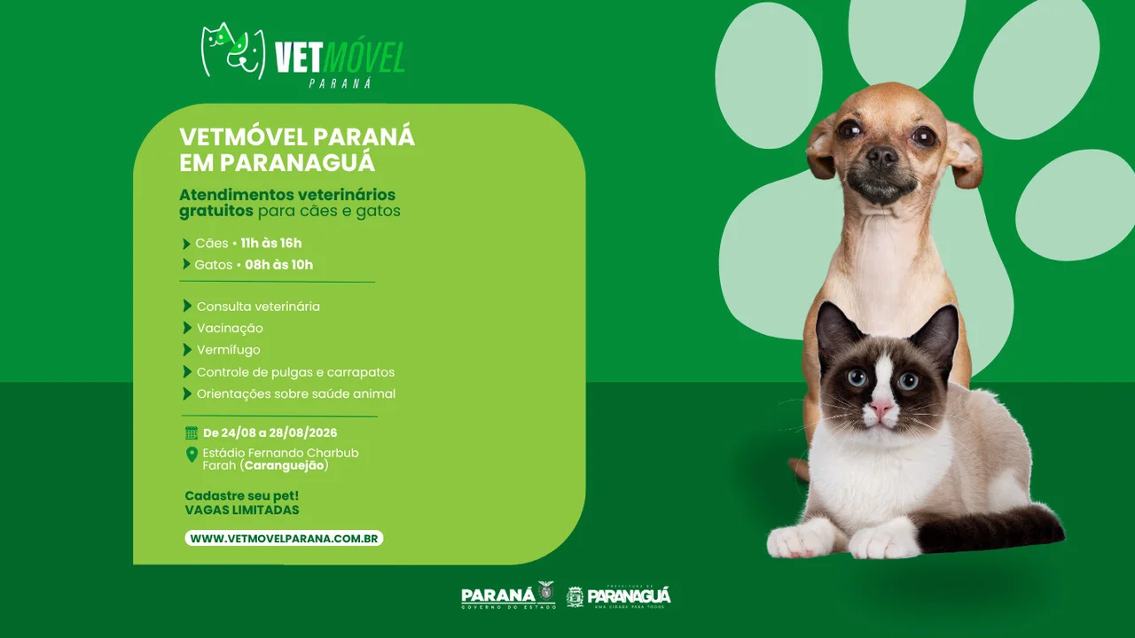 Paranaguá receberá atendimento veterinário gratuito para cães e gatos com quase 6 mil vagas
