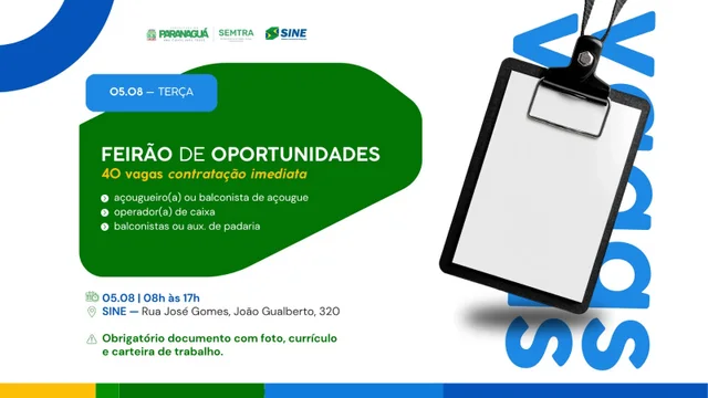 Feirão de Empregos oferece 40 vagas imediatas em parceria com supermercado