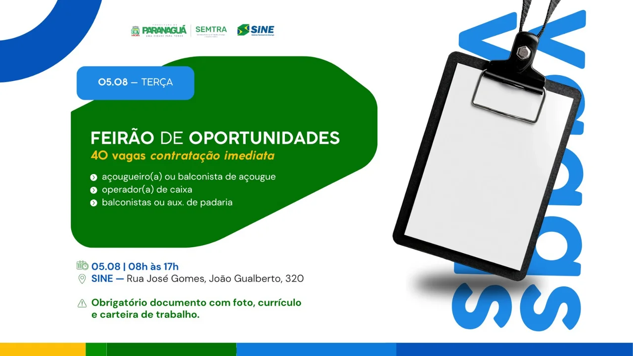 Feirão de Empregos oferece 40 vagas imediatas em parceria com supermercado