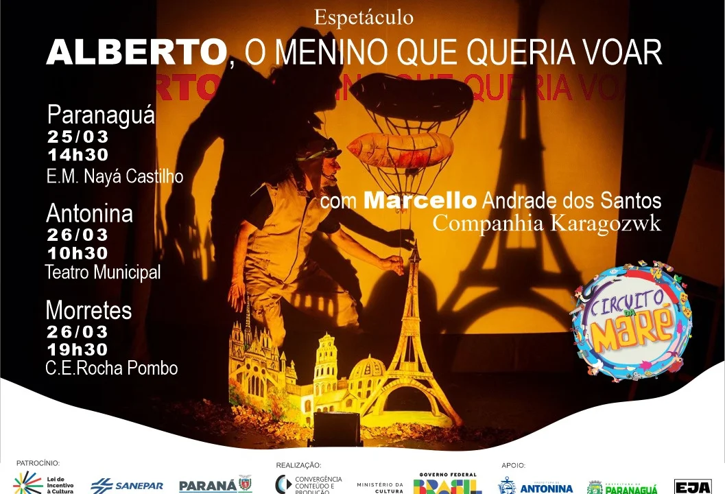 Paranaguá recebe espetáculo “Alberto, o menino que queria voar”, da Mostra de Arte Circuito da Maré