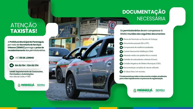 Prorrogado prazo para recadastramento dos permissionários do serviço de táxi no município