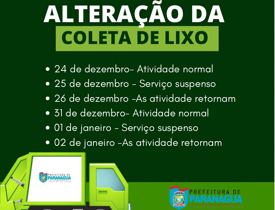 Coleta de lixo terá alterações no Natal e Ano Novo