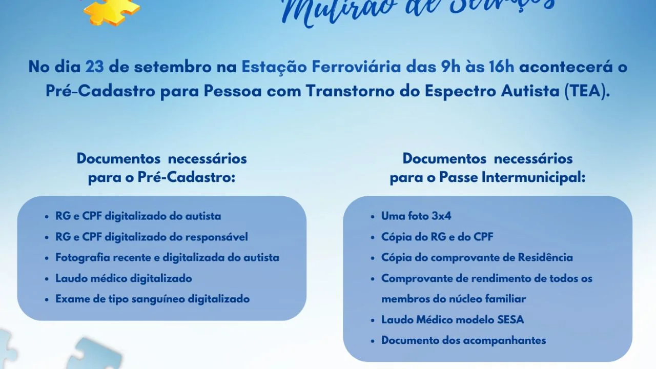 Prefeitura inicia pré-cadastro da Carteira de Identificação da Pessoa com Transtorno do Espectro Autista e passe intermunicipal