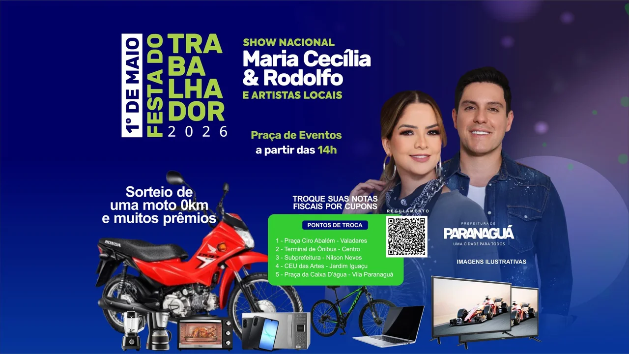 Prefeitura de Paranaguá comemora o Dia do Trabalhador com grande festa, show nacional e sorteio de prêmios nesta sexta-feira
